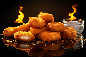 Wall Mural - Tender chicken nuggets, dramatic studio lighting and a shallow depth of field, placed on a reflective black surface. Ai Generated.NO.04