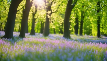 Wall Mural - A beautiful forest with trees and purple flowers