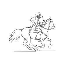 One Continuous Line Drawing Of A Cowboy Is Riding A Horse While Holding A Gun Vector Illustration. Cowboy Design Illustration Simple Linear Style Vector Concept. Cowboy Vector Design For Asset.