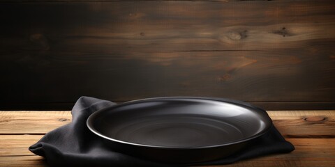 Black plate on wooden table, empty bowl with cloth napkin on top.