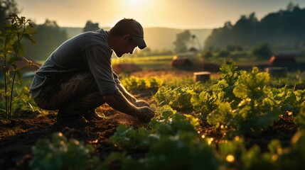 Wall Mural - portrait of young man in vegetable garden working outside with land