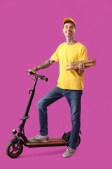 Sticker - Male worker of food delivery service with tasty pizza and kick scooter on purple background