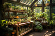 A serene greenhouse filled with an array of potted plants and terrariums bathed in warm sunlight.