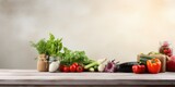 Fototapeta Natura - Diet-friendly kitchen table with fresh vegetables and room for your product/text.