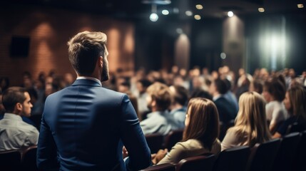 Wall Mural - Business and entrepreneurship symposium, Speaker giving a talk at business meeting, Audience in the conference hall. Generative AI.