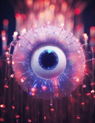 Sticker - A close up of a blue eye surrounded by red lights. Generative AI.