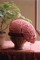 Wall Mural - A pink brain on a table next to a potted plant. Generative AI.