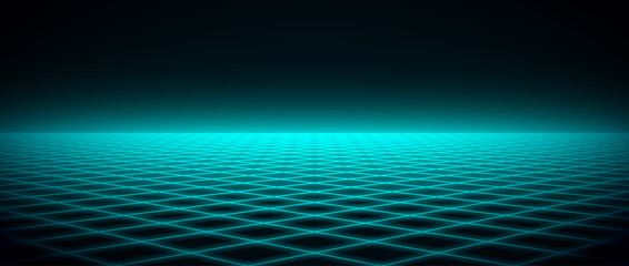 Wall Mural - Glowing neon wireframe horizon background. Light green blue grid room floor in perspective. Bright retro futuristic wallpaper. Abstract checkered plane landscape. Game cyber surface. Vector backdrop