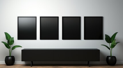 Fototapete - Empty black photo frames hanging on a blank white wall in a line. Generative AI.