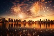 Golden colored background with colorful fireworks in the background, Fireworks over the city. Generative AI.