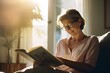a middle-aged woman reading a book in a sunlit living room, smiling. generative AI