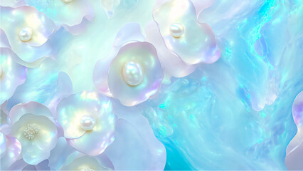 Wall Mural - elegant floral background with beautiful pearl flower pattern, luxury marble texture. floral blue ve