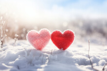 Two Red Hearts In Frost On Smooth Snow On A Frosty Sunny Day