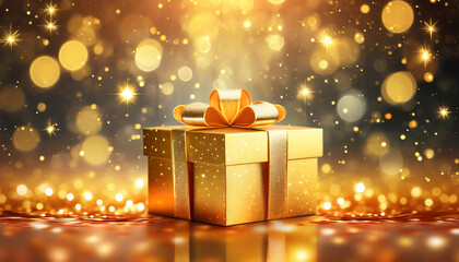 Sticker - golden gift box on golden bokeh background with glitters and stars, copy space.