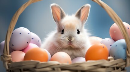 Canvas Print - A small white rabbit is sitting in a basket full of colorful eggs. Generative AI.