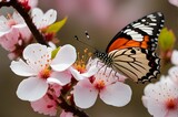 Fototapeta Natura - A butterfly sipping nectar from a blooming cherry blossom, frozen in a delicate moment of natural grace.


