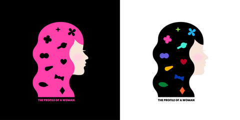 vector illustration profile of a women pink black colorful shape hairpin hairgrip pretty girl clip cartoon abstract minimalistic portrait female side face head 