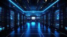 Data Center Server Racks Operating In A Dimly Lighted Space. Cloud Computing, Cryptocurrency Farms, Big Data Protection, And The Internet Of Things Are Concepts. An Information Storage Facility In 3D