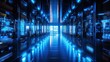 © Tehmas - Server racks for modern data centers in a dark room with visual effects. Display of The notion of the Internet of Things, data flow, and digitalization of internet traffic. Multi-Level Electric Equipm