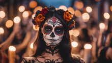 Day Of The Dead Celebration: A Woman Depicting Mexican Culture, Tradition, And The Spirit Of Dia De Los Muertos