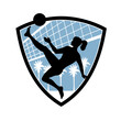 Mascot illustration of female footvolley player doing a bicycle kick kicking the ball with net set inside shield or badge on beach with palm trees on isolated white background done in retro style. 
