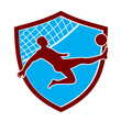 Mascot illustration of footvolley player doing a bicycle kick kicking the ball with net set inside shield or badge on isolated white background done in retro style. 
