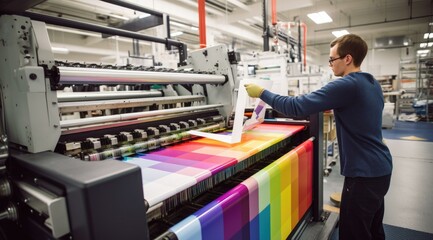 Poster - A skilled technician operates a modern printing press, producing vibrant prints on rainbow-colored fabric. Generative AI.