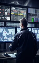 Poster - A chemical plant operator monitors multiple screens, ensuring smooth production processes. The complexity and responsibility are evident. Generative AI.