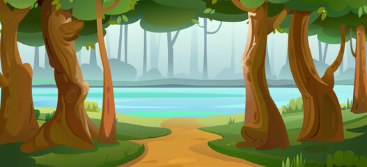 Wall Mural - path to river in forest. view of trees. scenery landscape. fun cartoon style. vector