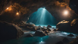 Fototapeta  - Glowing hidden magical cave tunnel