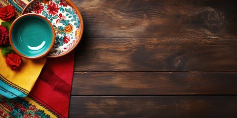 Mexican-themed table top view with rustic wooden table and empty mud dish, decorated with traditional fabric.