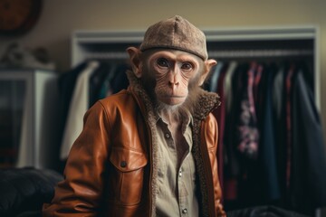 Person in an ape mask wearing a leather jacket, posing indoors with a vintage look.