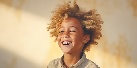 Wall Mural - A young boy with curly hair is captured in a genuine smile as he looks directly at the camera. This image can be used to portray happiness, innocence, or childlike joy