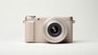 a compact digital camera with a focus on its modern features and compact form, set against a pure white background for a minimalist aesthetic.