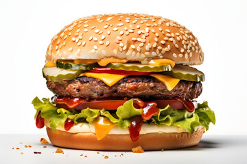 Wall Mural - fresh tasty delicious burger with beef patty, lettuce, onions, tomatoes and cucumbers, big fresh hamburger with extra filling on wooden table isolated on white/dark background with copy space