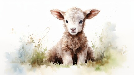 Watercolor portrait of a cute lamb sitting in the meadow. Generative AI