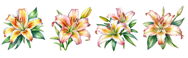 Wall Mural - set of watercolor lily flower clipart on transparent background