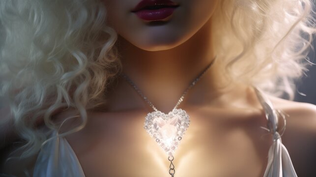 Elegant woman with heart-shaped necklace, luxury fashion accessory.