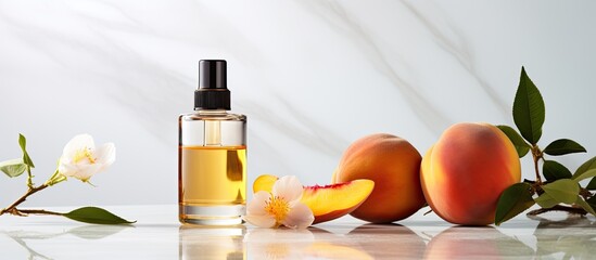 Poster - Fresh peaches and peach oil in a clear bottle with a dropper on a stone podium.