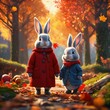 rabbit in the park.A pair of cute little bunnies wear a long coat, a red hat, a bag, pixar style, personification, sleeping in the garden, fallen leaves, autumn scenery, forest, 4k, popular on artstat