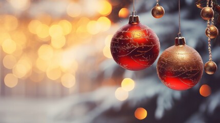 Poster - Happy New Year Christmas tree decorated with red glass balls on branches, snow on bokeh, background