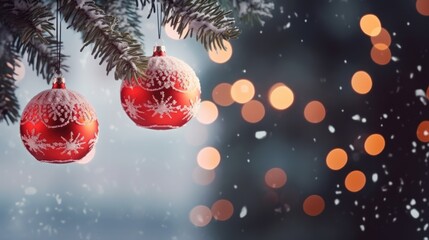 Poster - Happy New Year Christmas tree decorated with red glass balls on branches, snow on bokeh, background