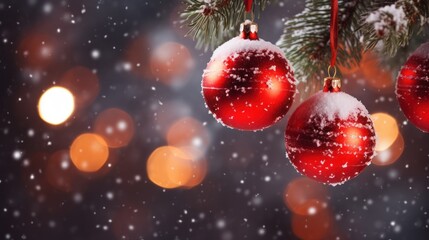 Poster - Happy New Year Christmas tree decorated with red glass balls on branches, snow on bokeh, background