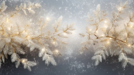 Poster - New Year and Christmas The branches of the Christmas tree are frozen with golden and white snowflakes.