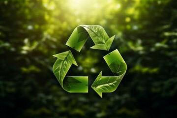 Wall Mural - 3d recycle symbol made of green leaves on the green foliage background. ecology and environmental pr