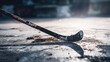 A hockey stick resting on a dirty floor. Suitable for sports-related designs and concepts