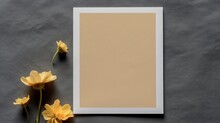 Blank Photo Frame Mockup With Yellow Flowers On Gray Background.
