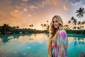  young adult woman with long hairstyle, blond , in the tropics, palm trees beauty, nature or vacation