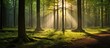 Scenic sun rays shine through forest in spring.