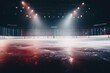 An empty hockey rink illuminated by spotlights. Suitable for sports and recreational themes